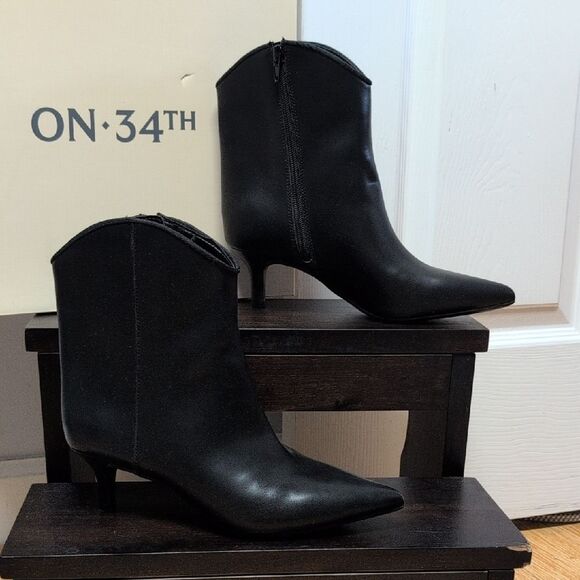 ON 34th Shoes - On 34th Aatira Black Tulip Top Pointed Toe Kitten Heel Boots Size 7M NEW